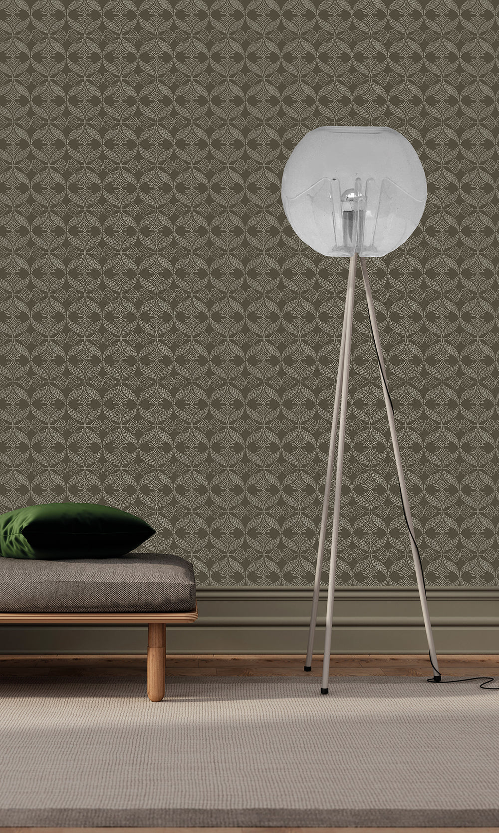 Dark Camo Beige Ornamental Ogee Wallpaper R9975