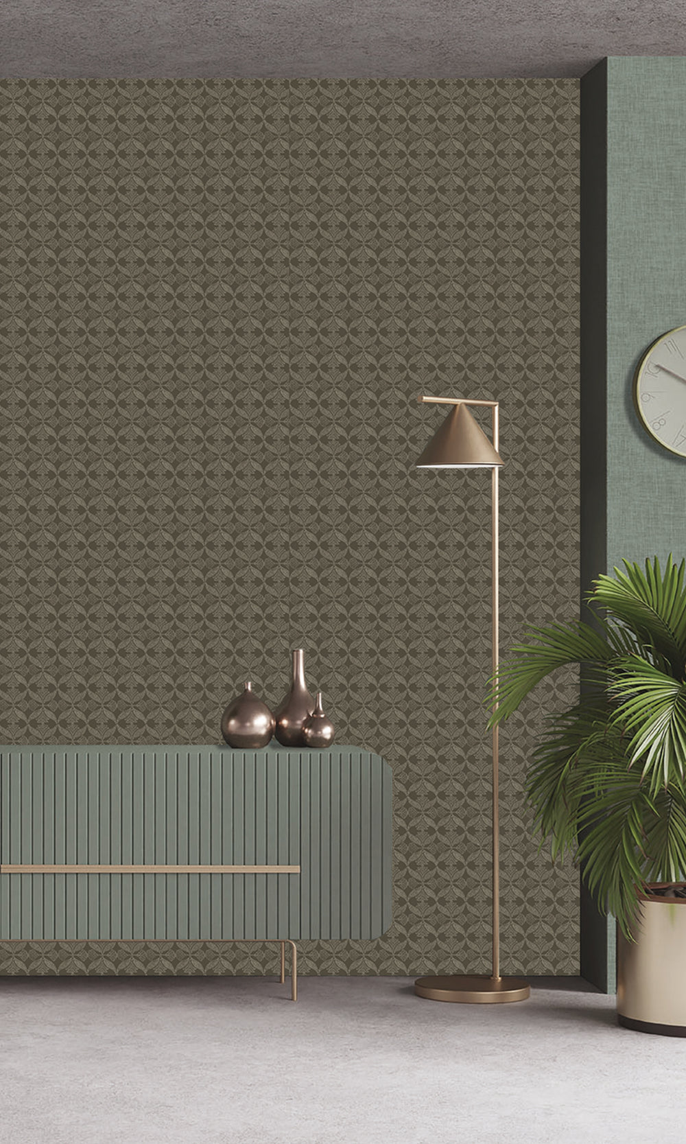 Dark Camo Beige Ornamental Ogee Wallpaper R9975