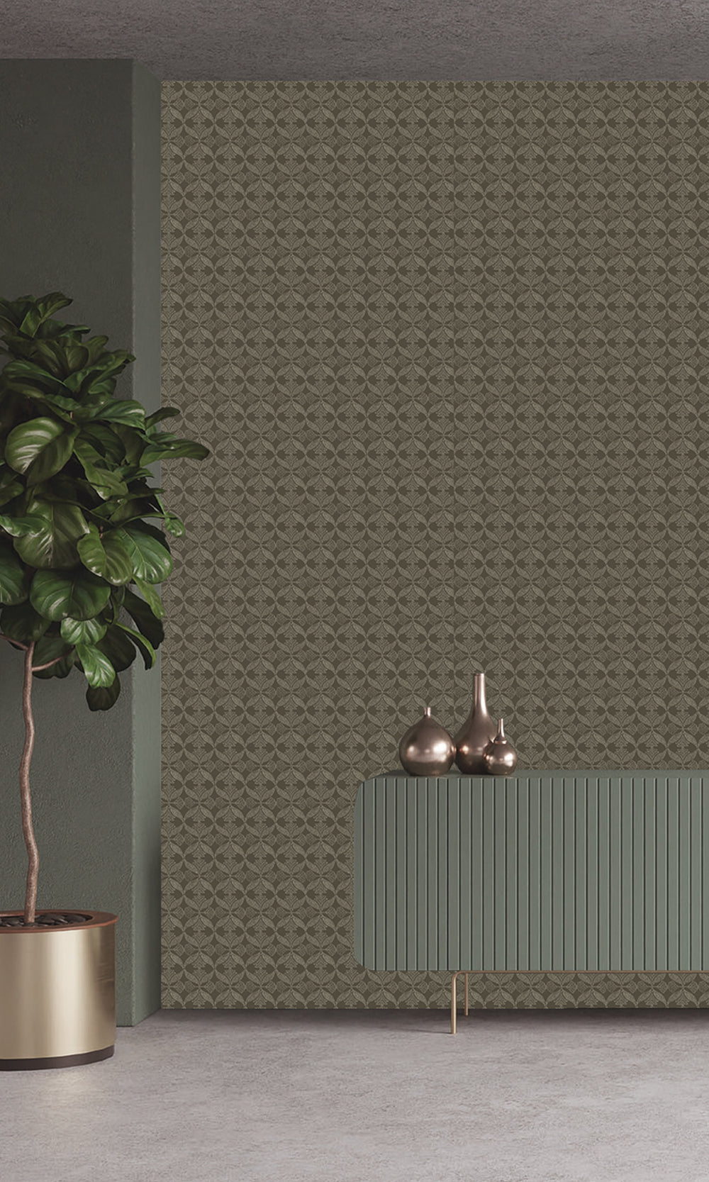 Dark Camo Beige Ornamental Ogee Wallpaper R9975