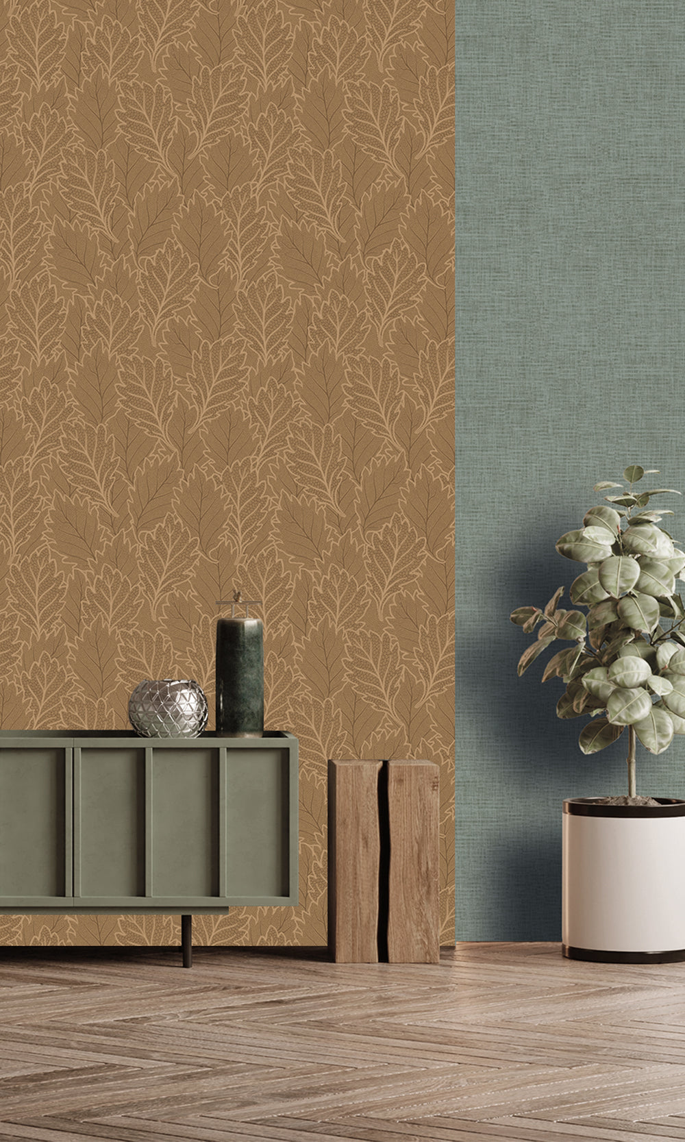 Moroccan Blunt & Grecian Gold Pressed Quercus Leaves Wallpaper R9985