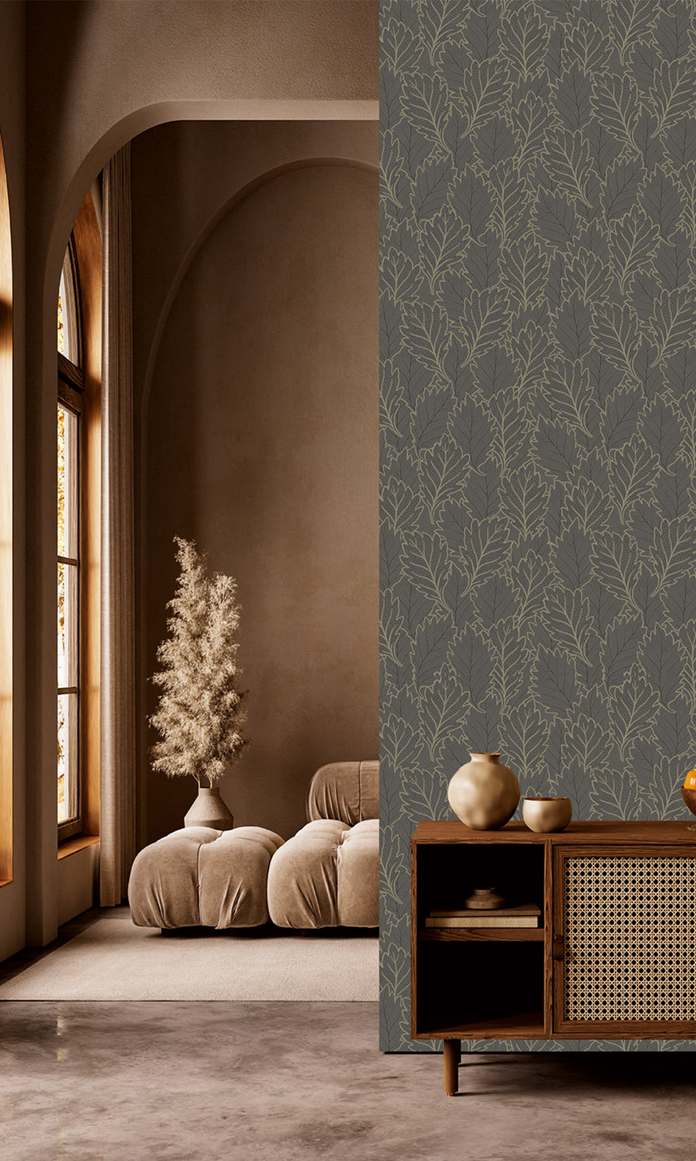 Merlin Grey & Deep Walnut Pressed Quercus Leaves Wallpaper R9986