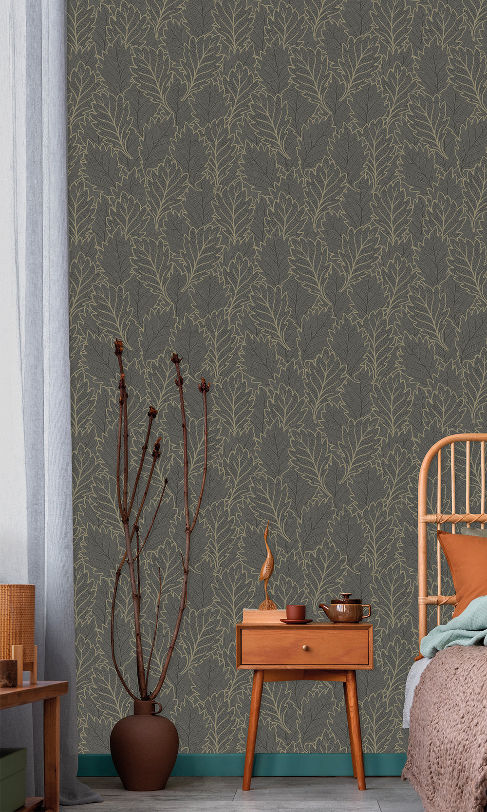 Merlin Grey & Deep Walnut Pressed Quercus Leaves Wallpaper R9986