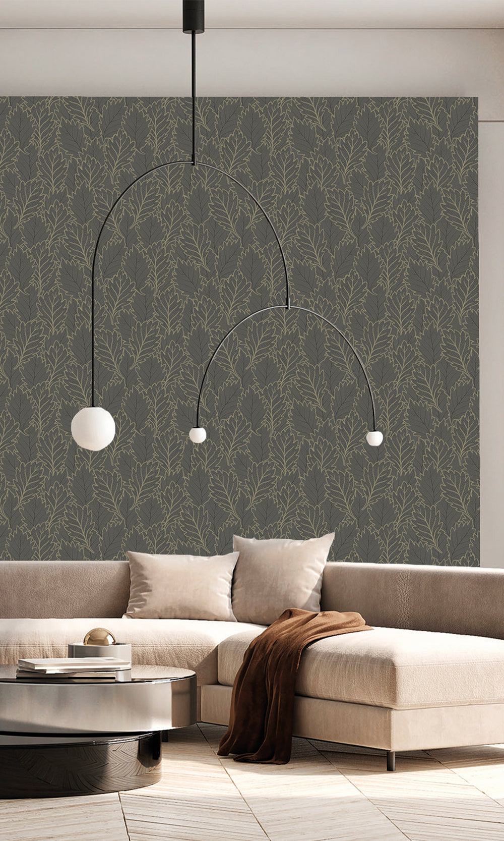 Merlin Grey & Deep Walnut Pressed Quercus Leaves Wallpaper R9986