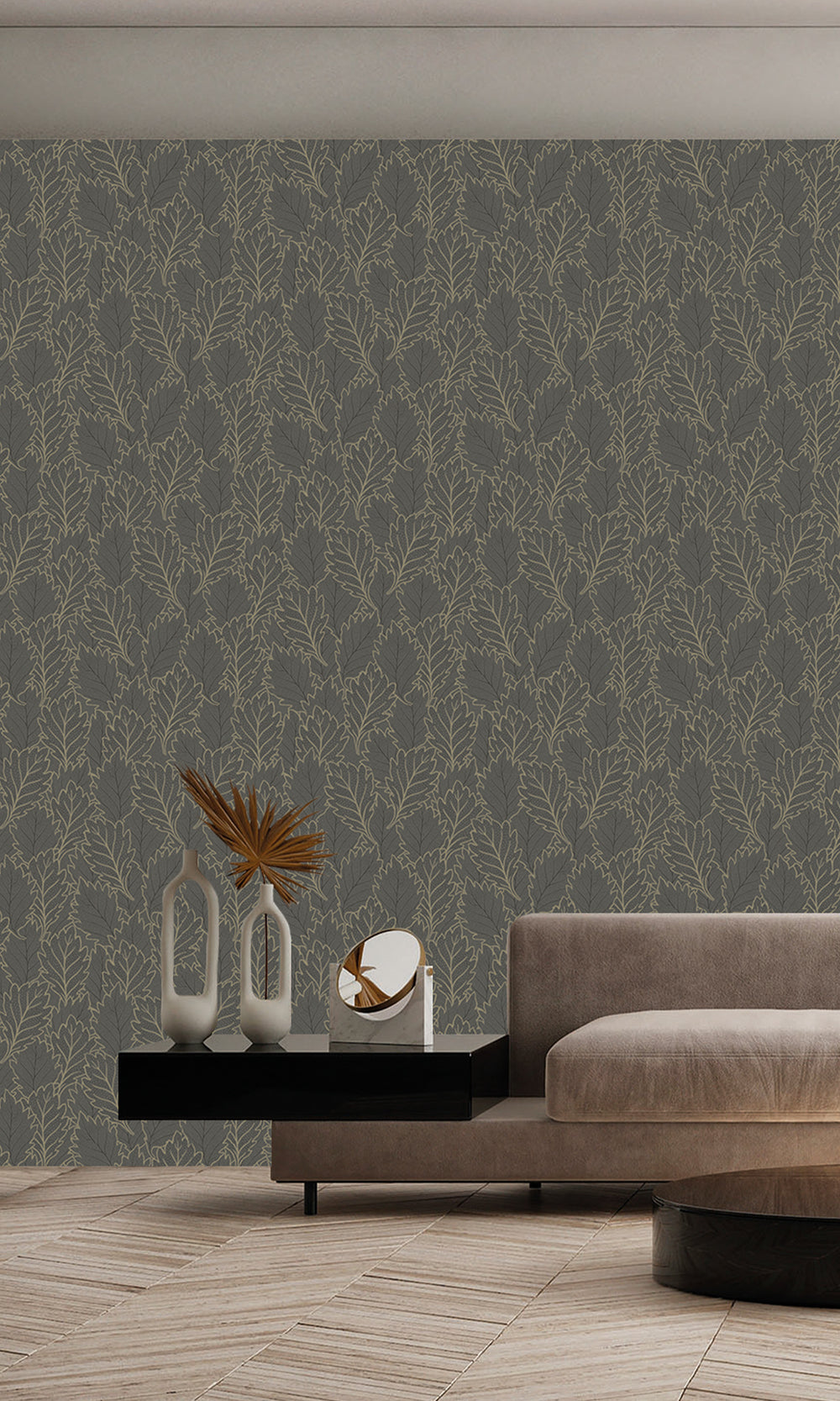 Merlin Grey & Deep Walnut Pressed Quercus Leaves Wallpaper R9986