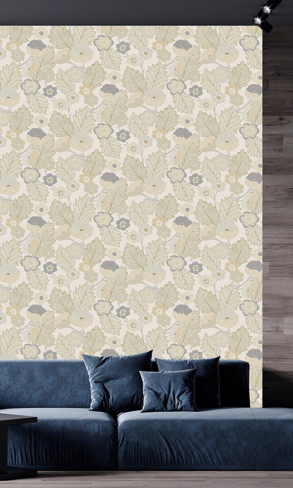 Mountain Grey & Eaton Gold Poppies and Leaves Wallpaper R9987