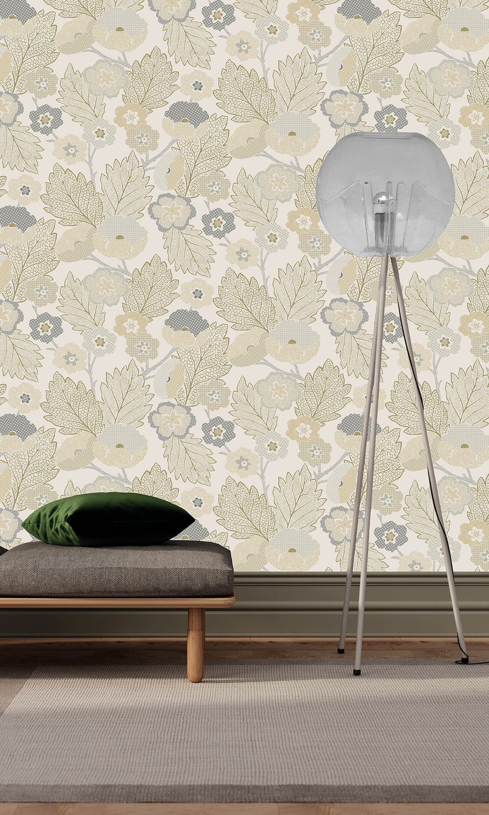 Mountain Grey & Eaton Gold Poppies and Leaves Wallpaper R9987