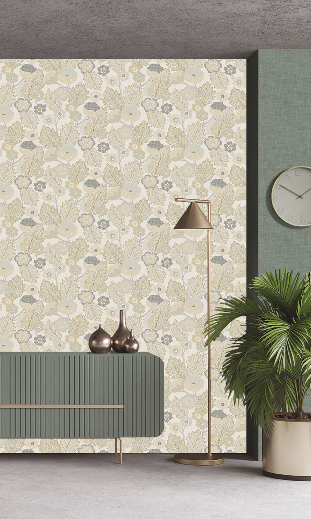 Mountain Grey & Eaton Gold Poppies and Leaves Wallpaper R9987
