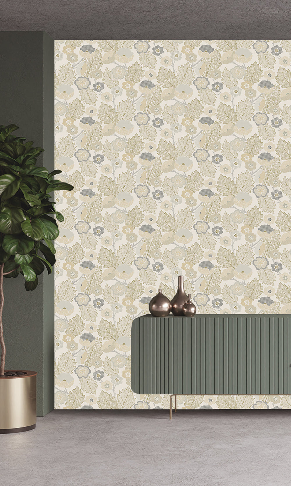 Mountain Grey & Eaton Gold Poppies and Leaves Wallpaper R9987