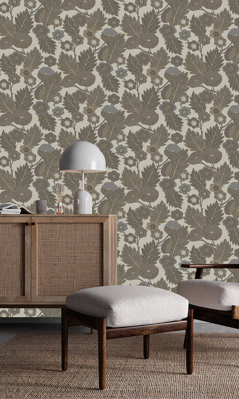 Cotton Seed & Whitney Oaks Poppies and Leaves Wallpaper R9988