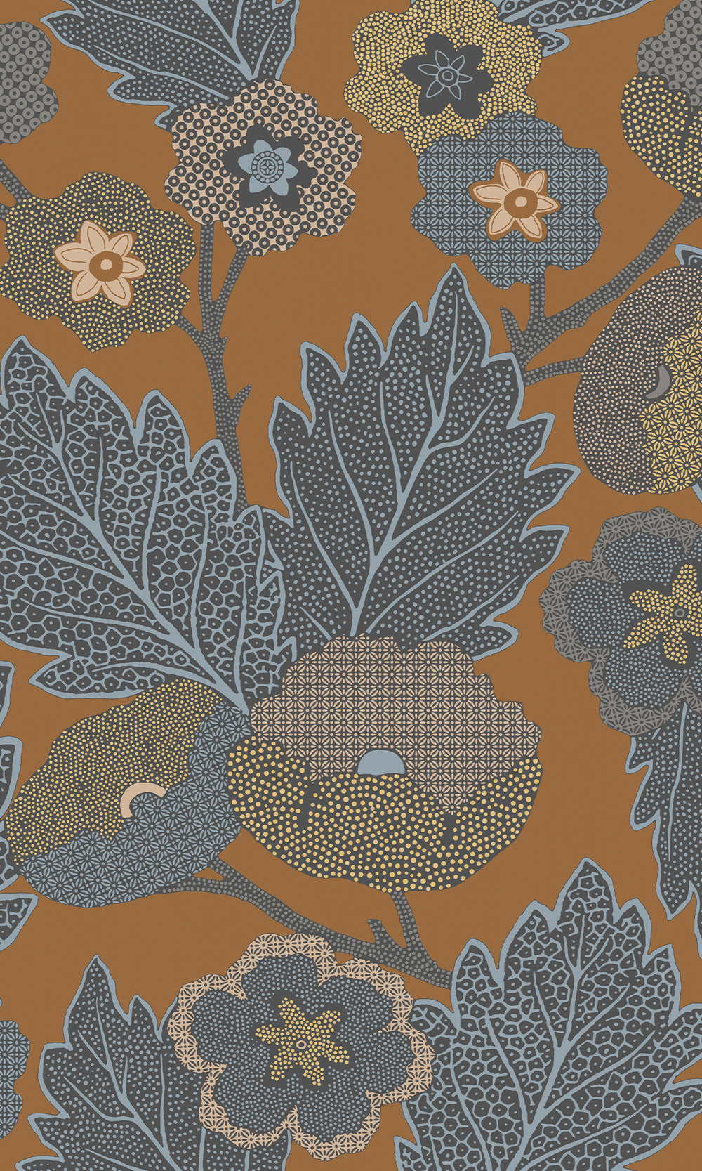 Dark Teak & German Grey Poppies and Leaves Wallpaper R9989