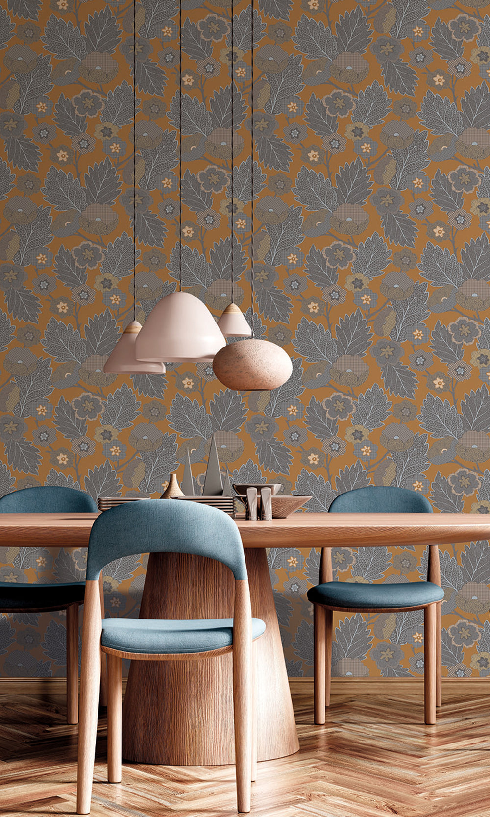 Dark Teak & German Grey Poppies and Leaves Wallpaper R9989