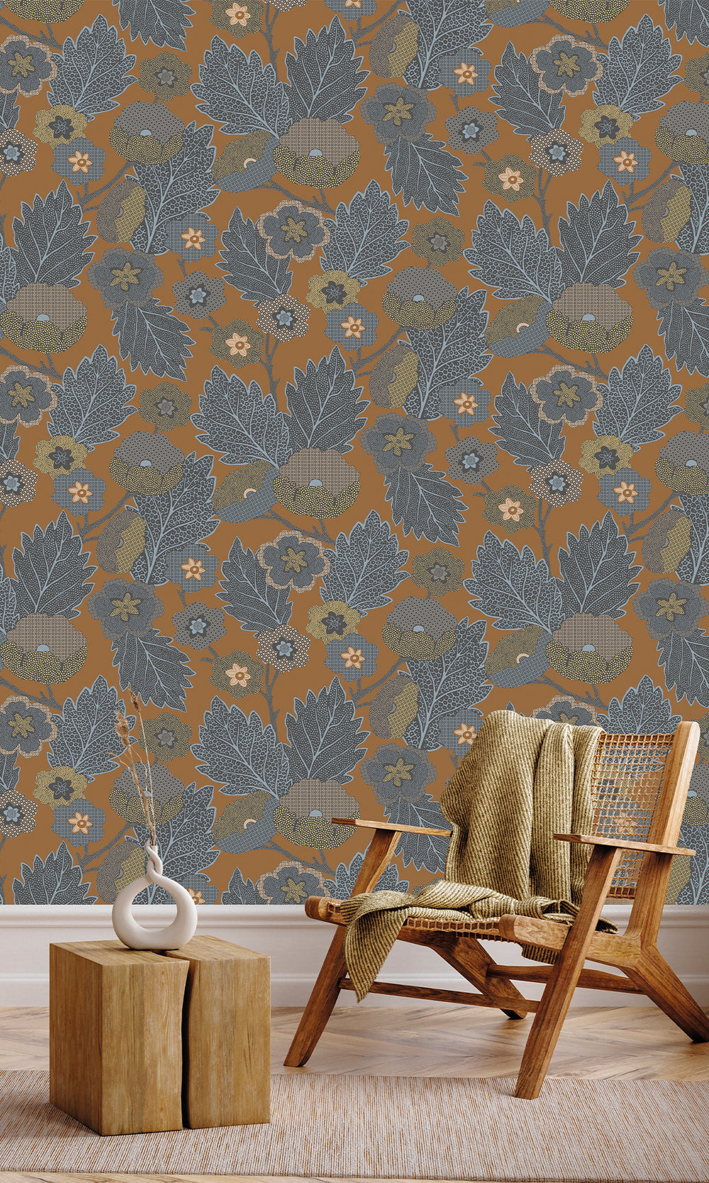 Dark Teak & German Grey Poppies and Leaves Wallpaper R9989