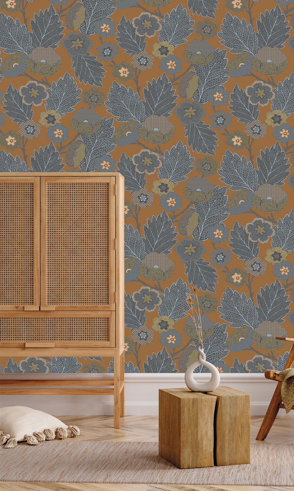 Dark Teak & German Grey Poppies and Leaves Wallpaper R9989