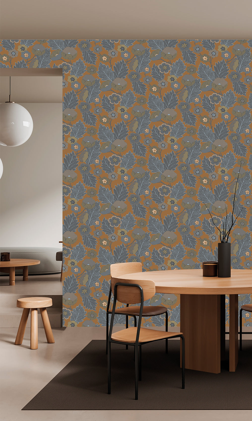 Dark Teak & German Grey Poppies and Leaves Wallpaper R9989