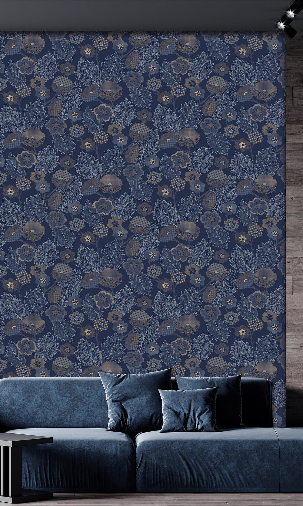 Gibraltar Blue & Montecito Poppies and Leaves Wallpaper R9990