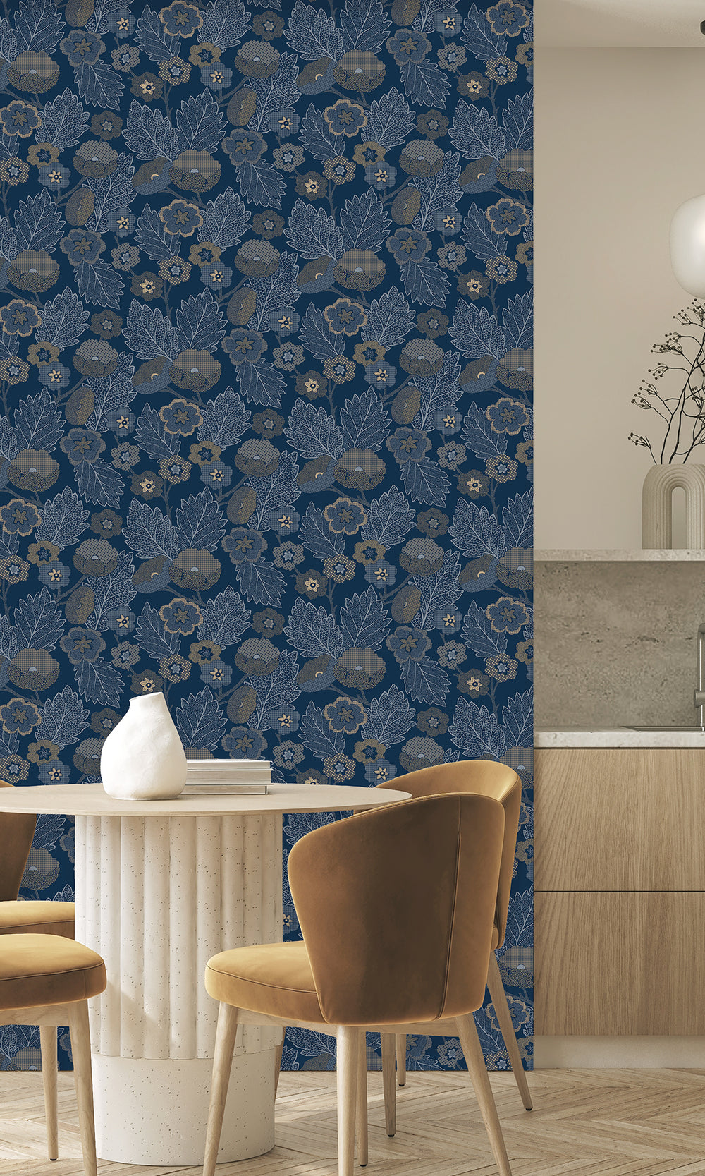 Gibraltar Blue & Montecito Poppies and Leaves Wallpaper R9990