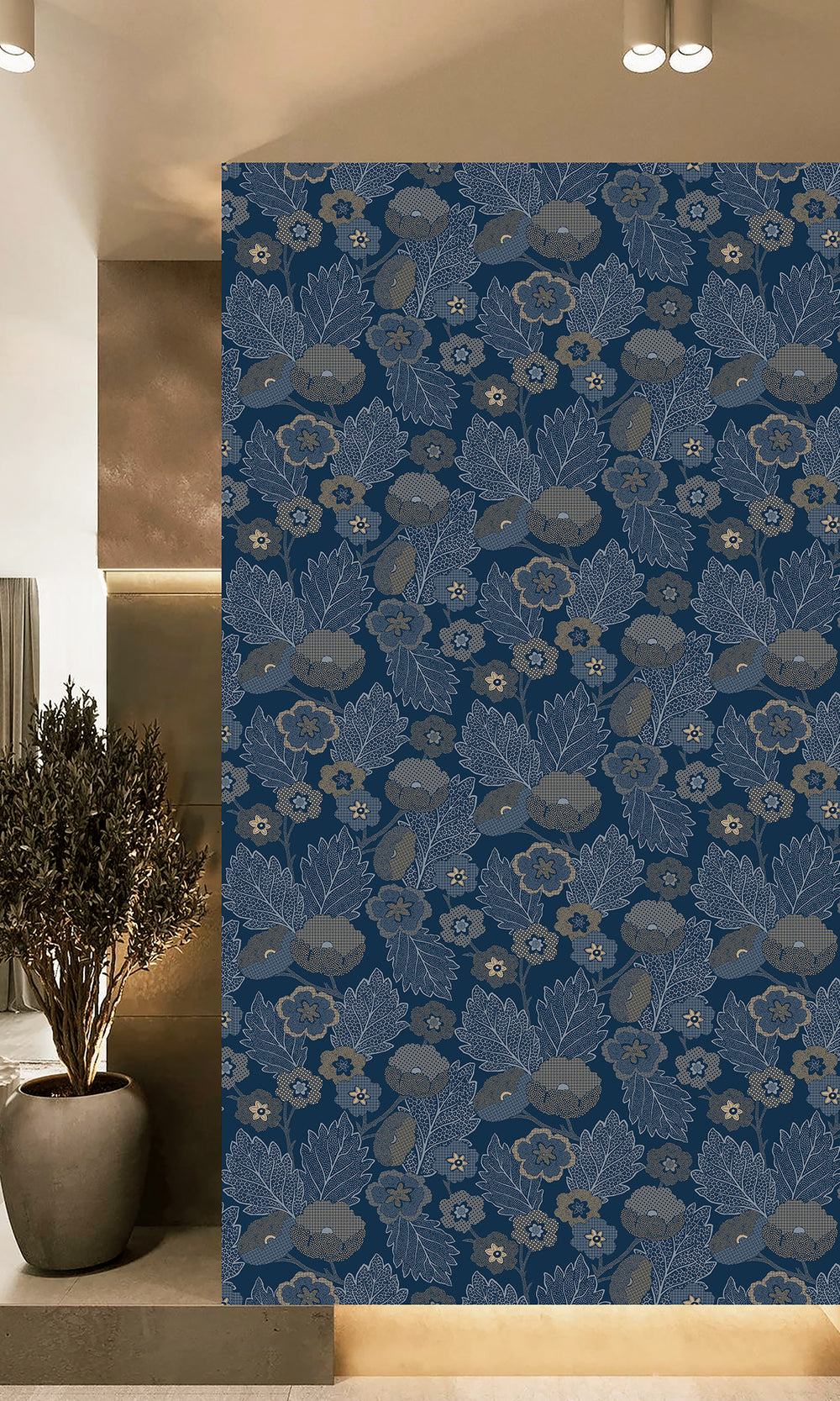 Gibraltar Blue & Montecito Poppies and Leaves Wallpaper R9990