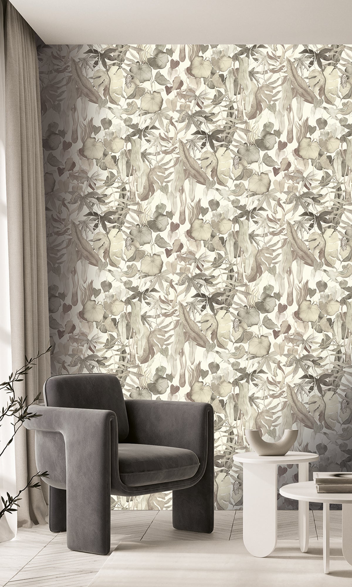 Greige Abstract Leaves Wallpaper RM9020