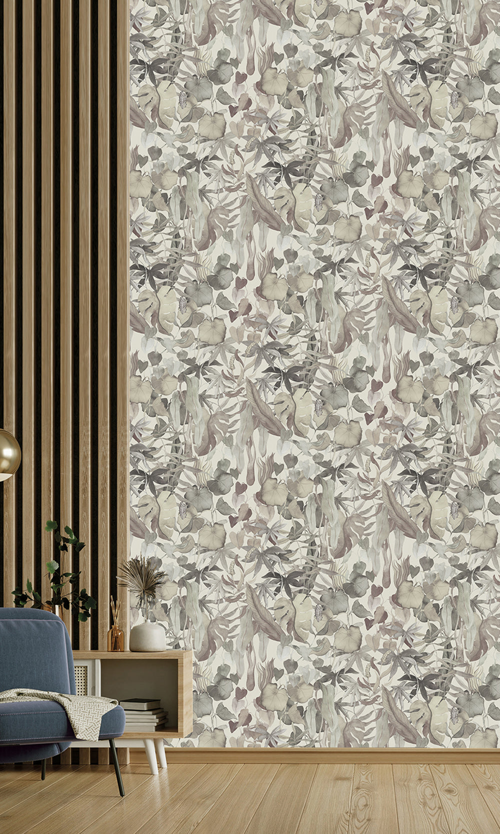 Greige Abstract Leaves Wallpaper RM9020