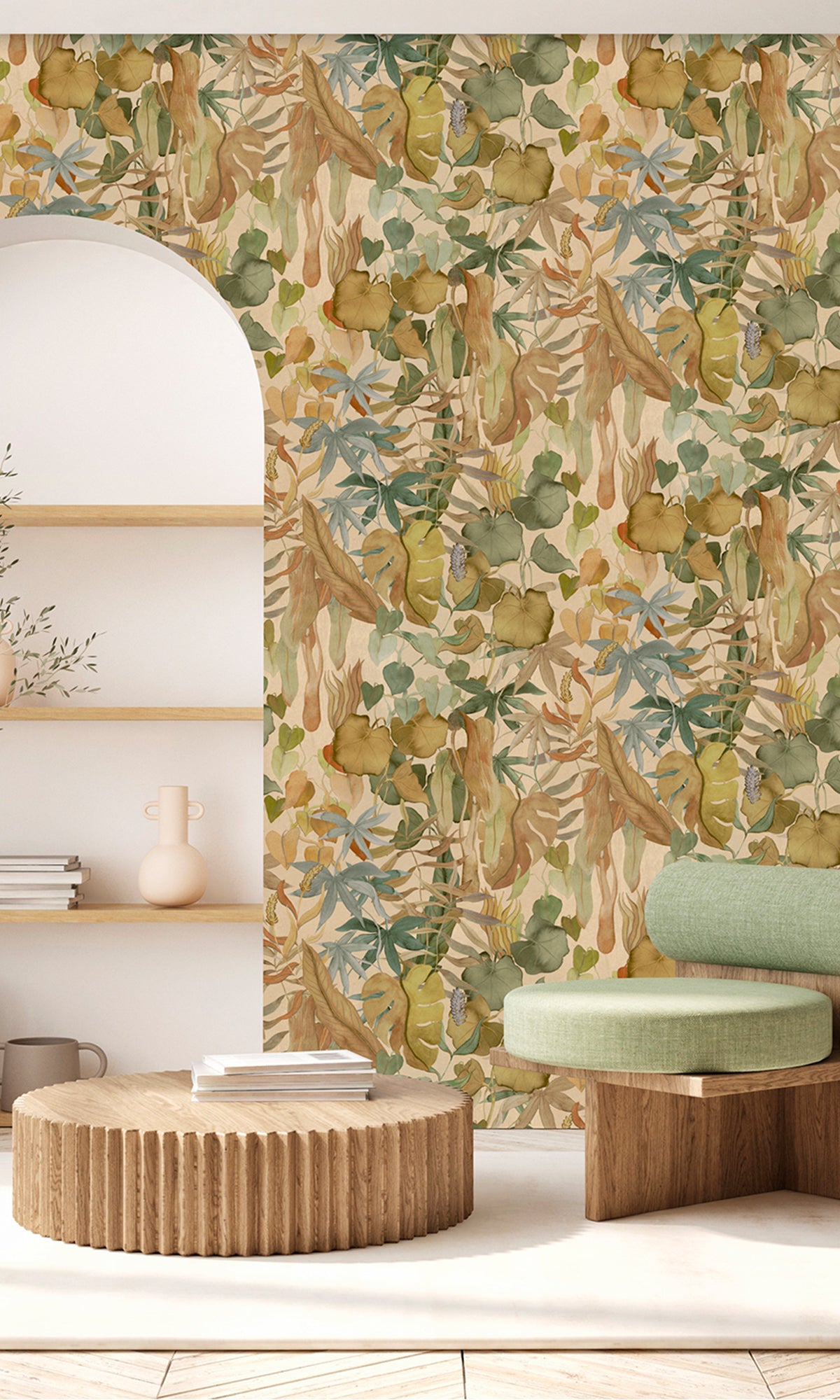 Warm Beige Abstract Leaves Wallpaper RM9021