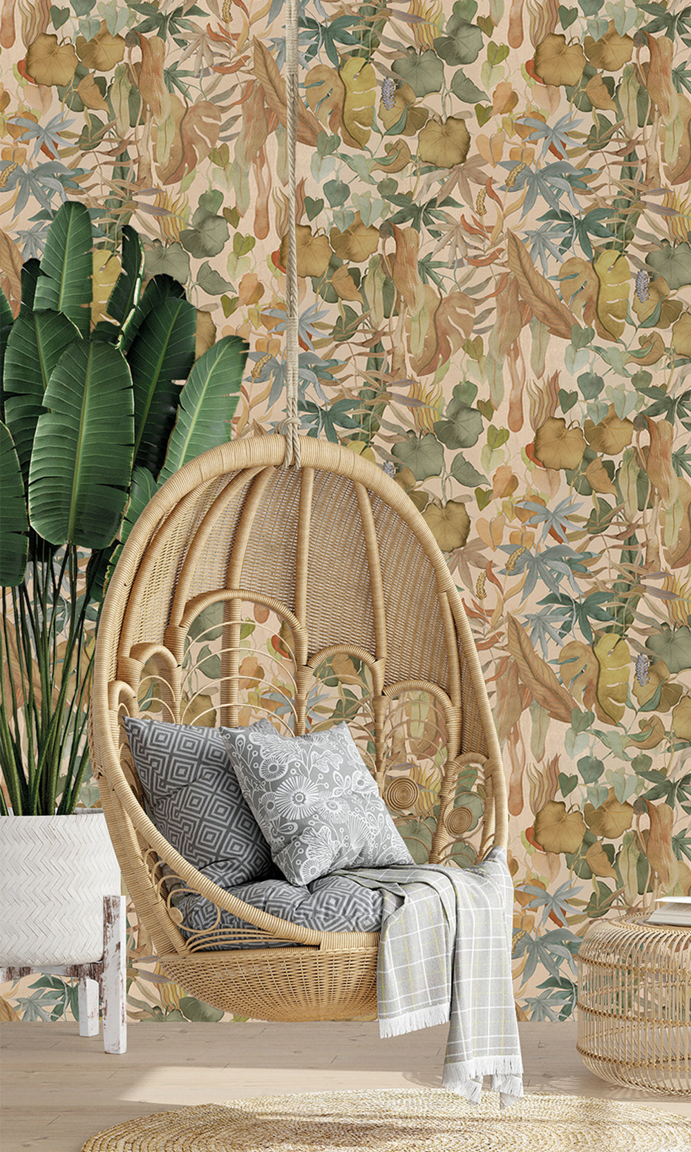Warm Beige Abstract Leaves Wallpaper RM9021