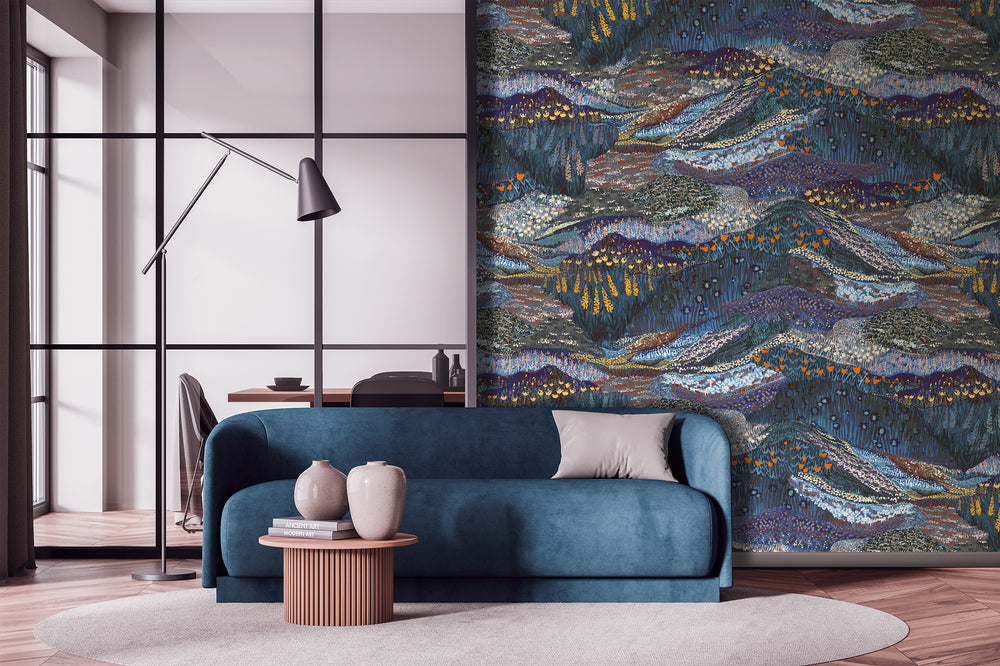 Midnight Blue Panoramic Valleys Wallpaper RM9029