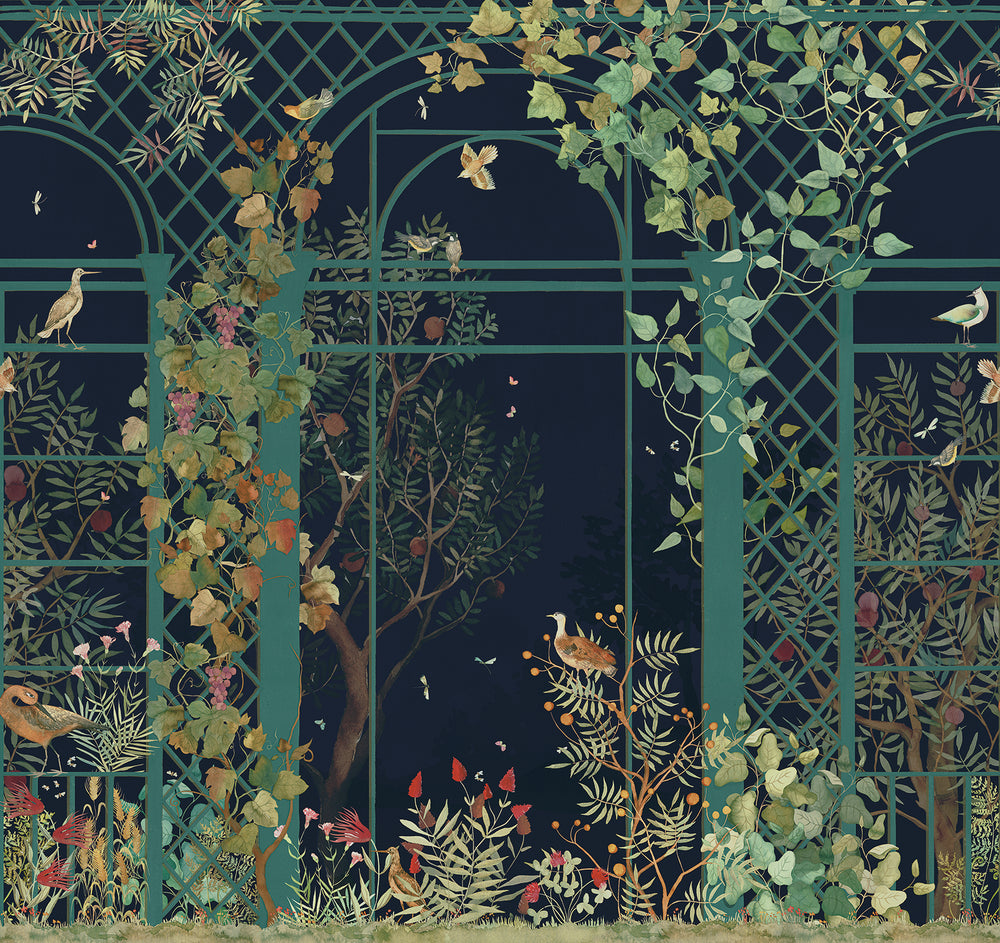 Midnight Blue Botanical Greenhouse Wallpaper RM9034