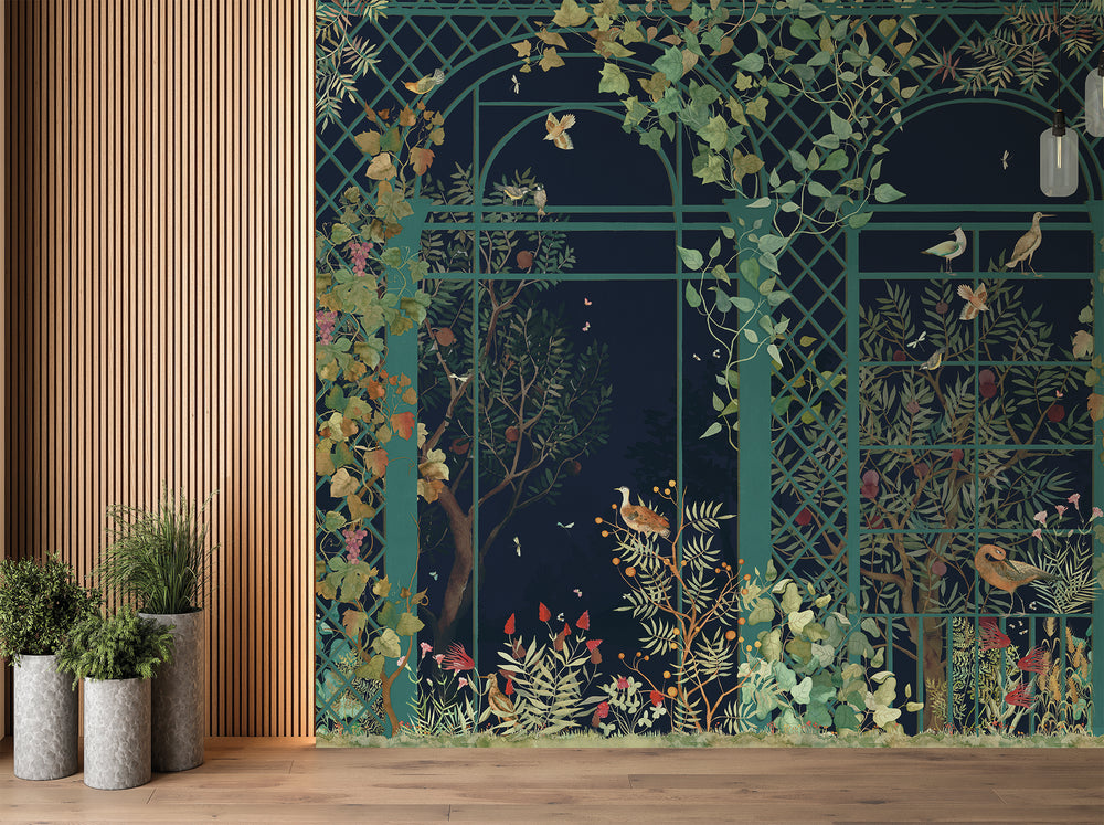 Midnight Blue Botanical Greenhouse Wallpaper RM9034