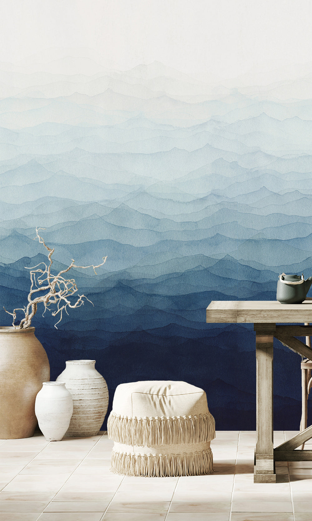 Indigo Blue Watercolor Horizon Wallpaper RM9037