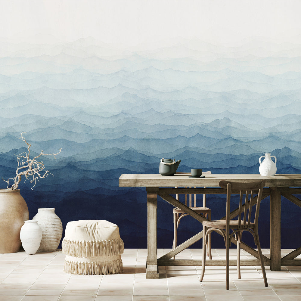 Indigo Blue Watercolor Horizon Wallpaper RM9037