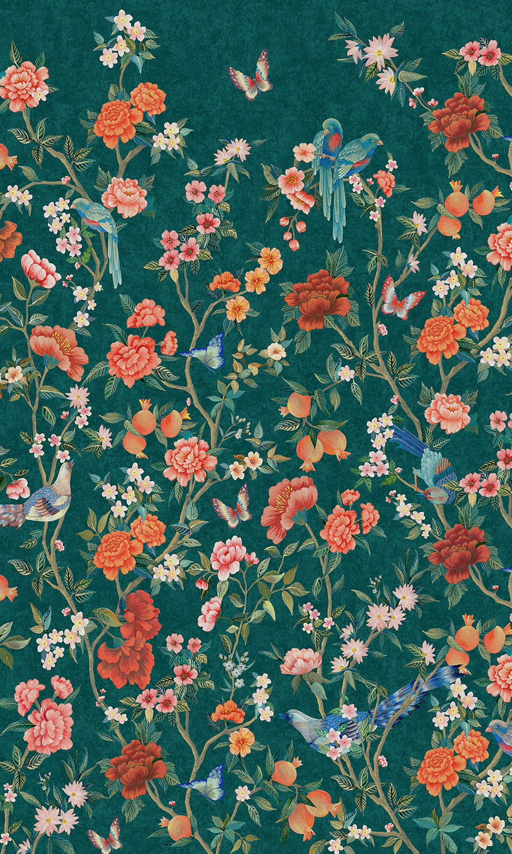 Teal Hand Painted Imperial Gardens Wallpaper RM9042