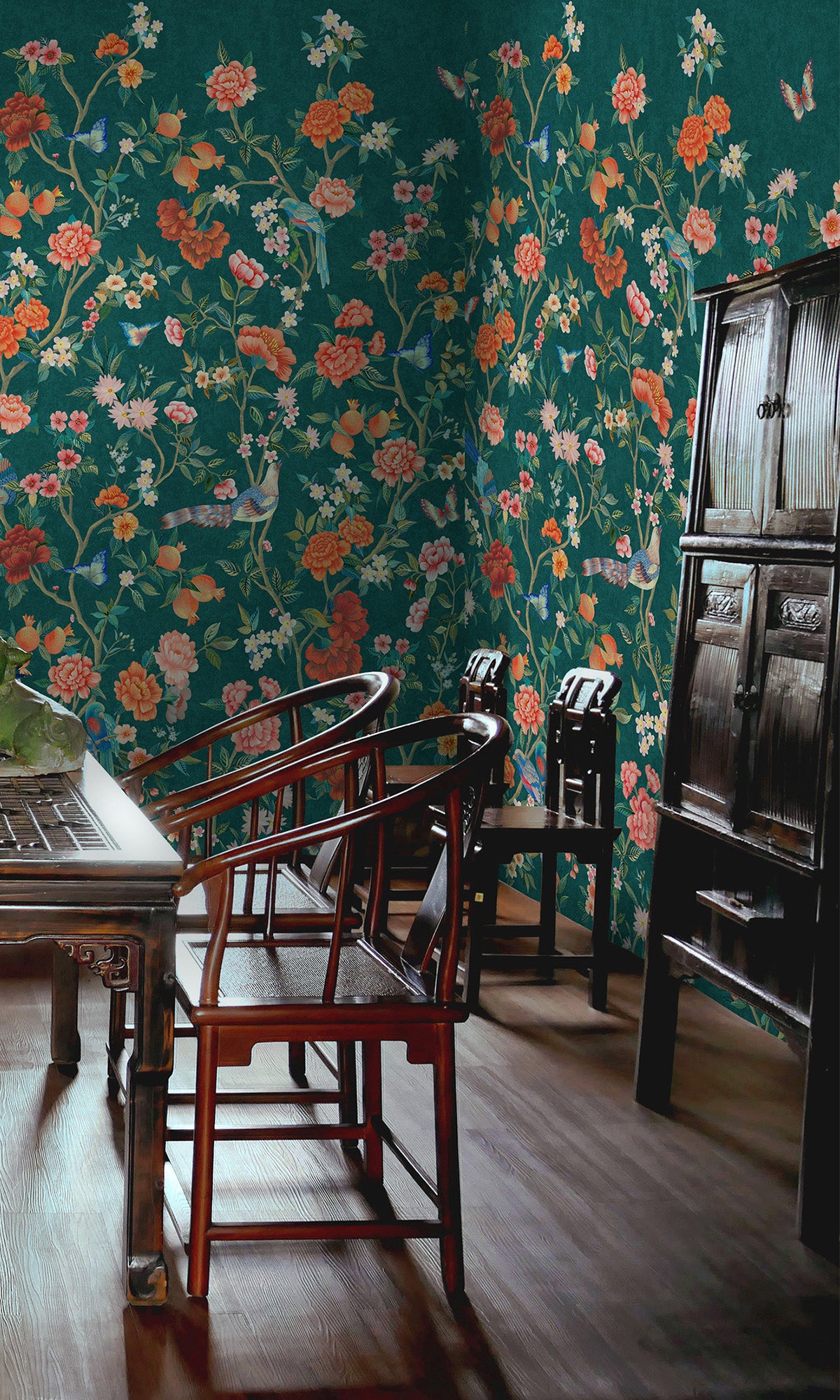 Teal Hand Painted Imperial Gardens Wallpaper RM9042