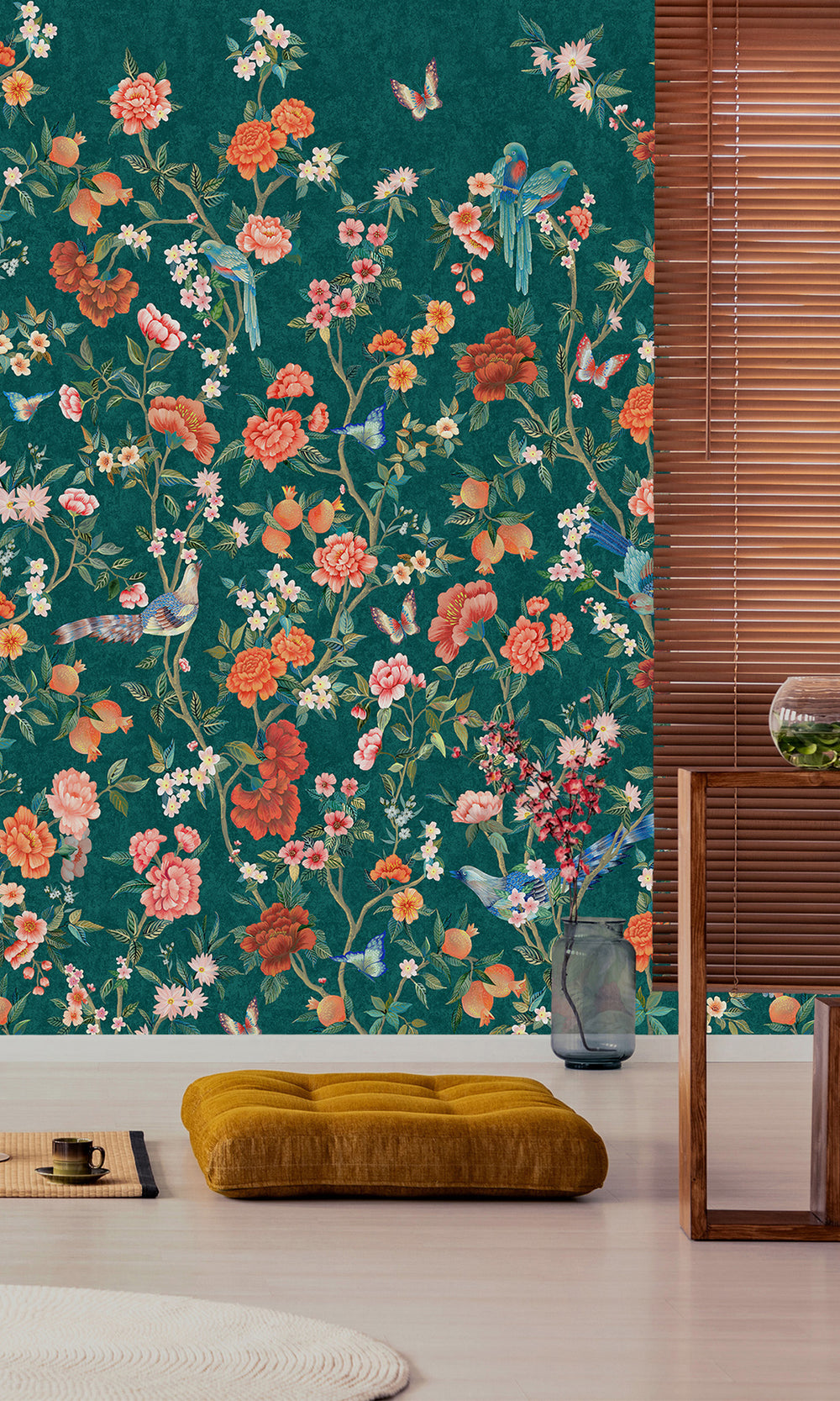 Teal Hand Painted Imperial Gardens Wallpaper RM9042