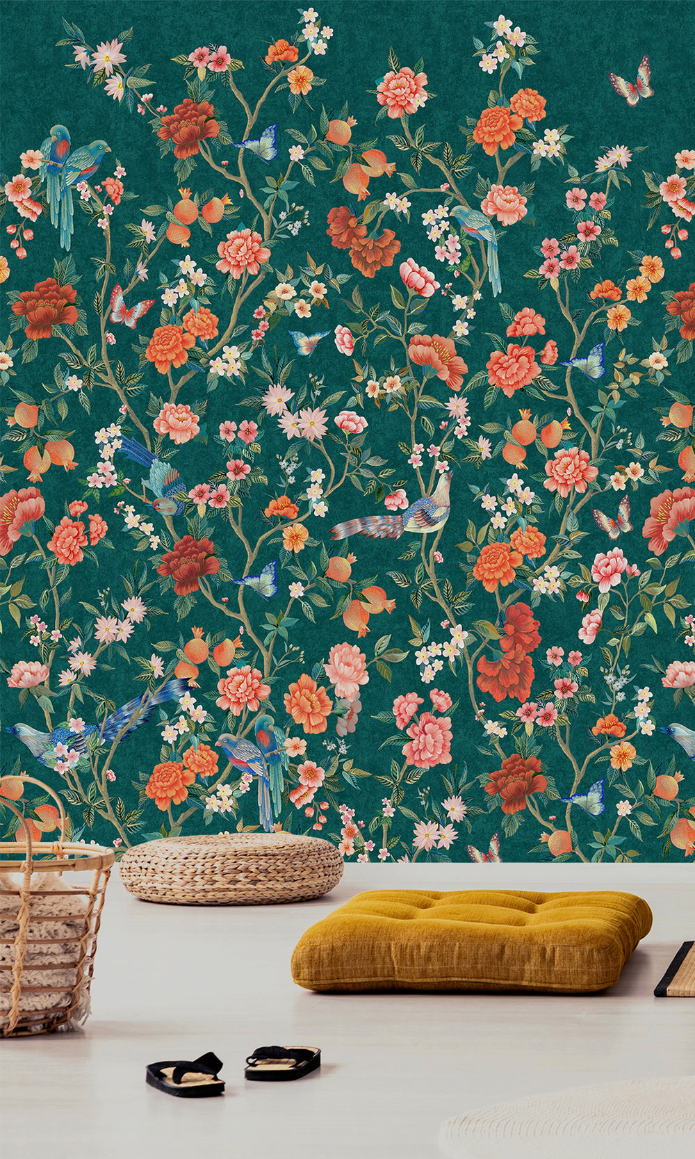 Teal Hand Painted Imperial Gardens Wallpaper RM9042