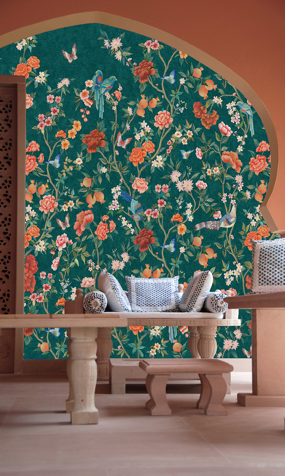 Teal Hand Painted Imperial Gardens Wallpaper RM9042