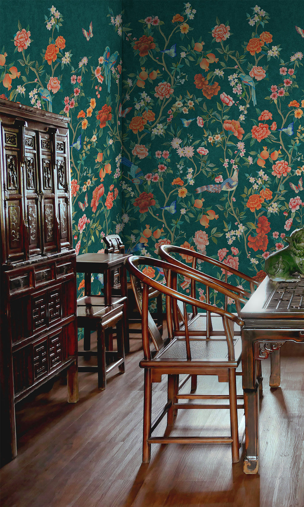 Teal Hand Painted Imperial Gardens Wallpaper RM9042