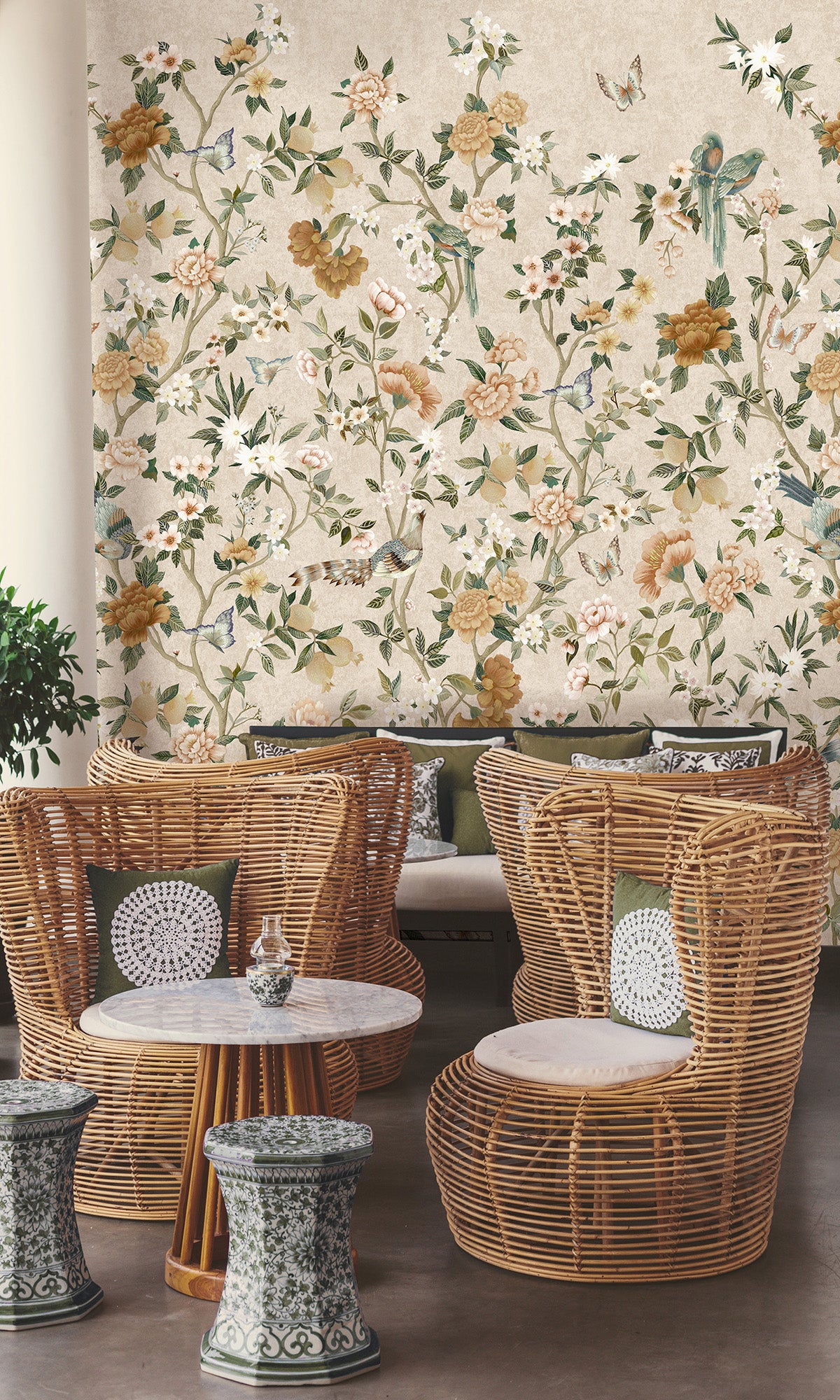 Neutral Hand Painted Imperial Gardens Wallpaper RM9043