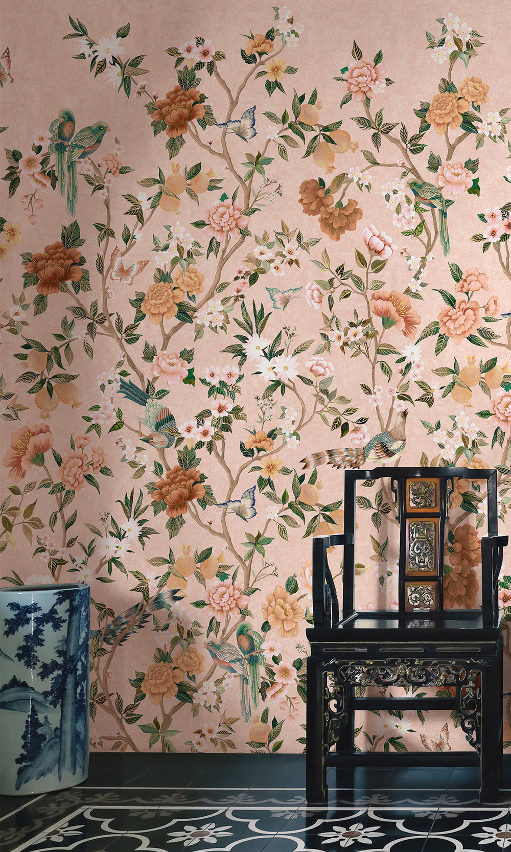Pink Hand Painted Imperial Gardens Wallpaper RM9044