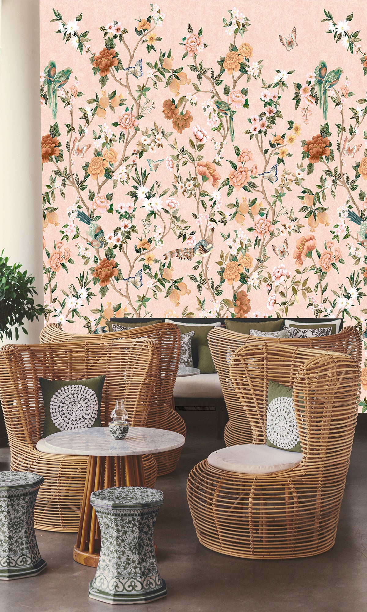 Pink Hand Painted Imperial Gardens Wallpaper RM9044