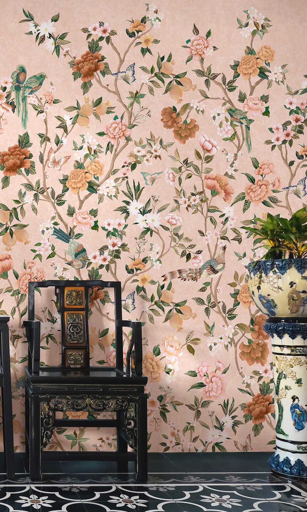 Pink Hand Painted Imperial Gardens Wallpaper RM9044