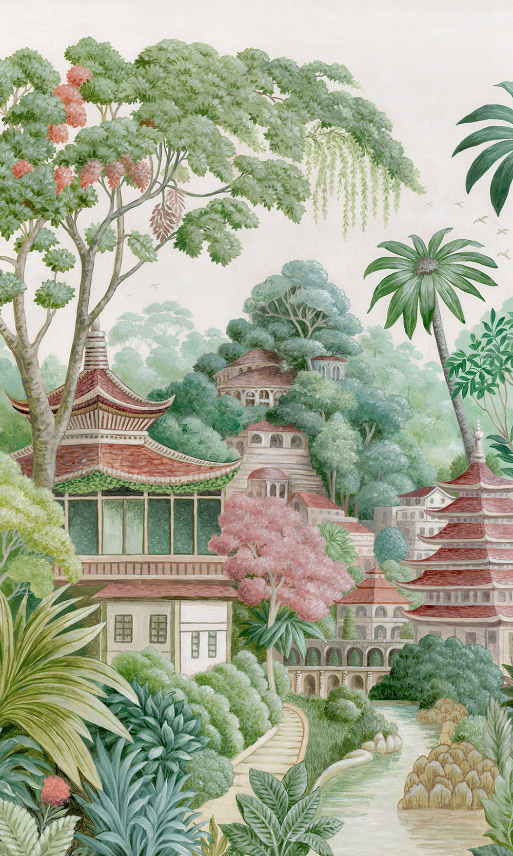 Multi Ornate Pagoda Landscape Wallpaper RM9045