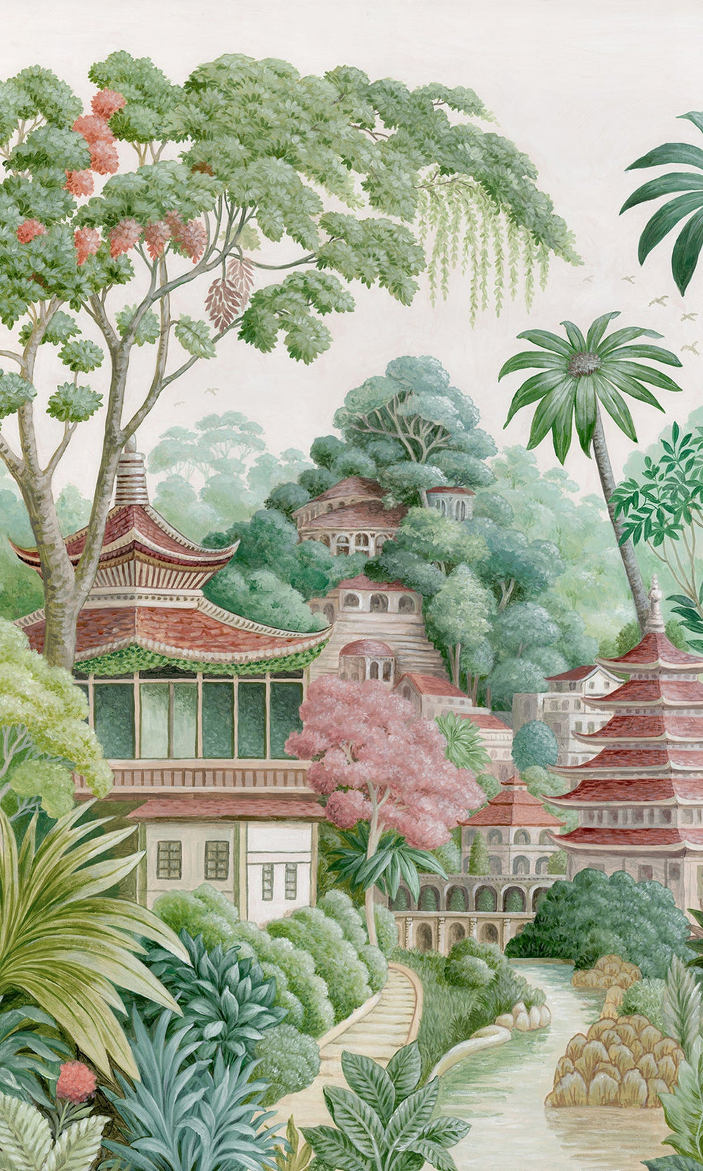 Multi Ornate Pagoda Landscape Wallpaper RM9045