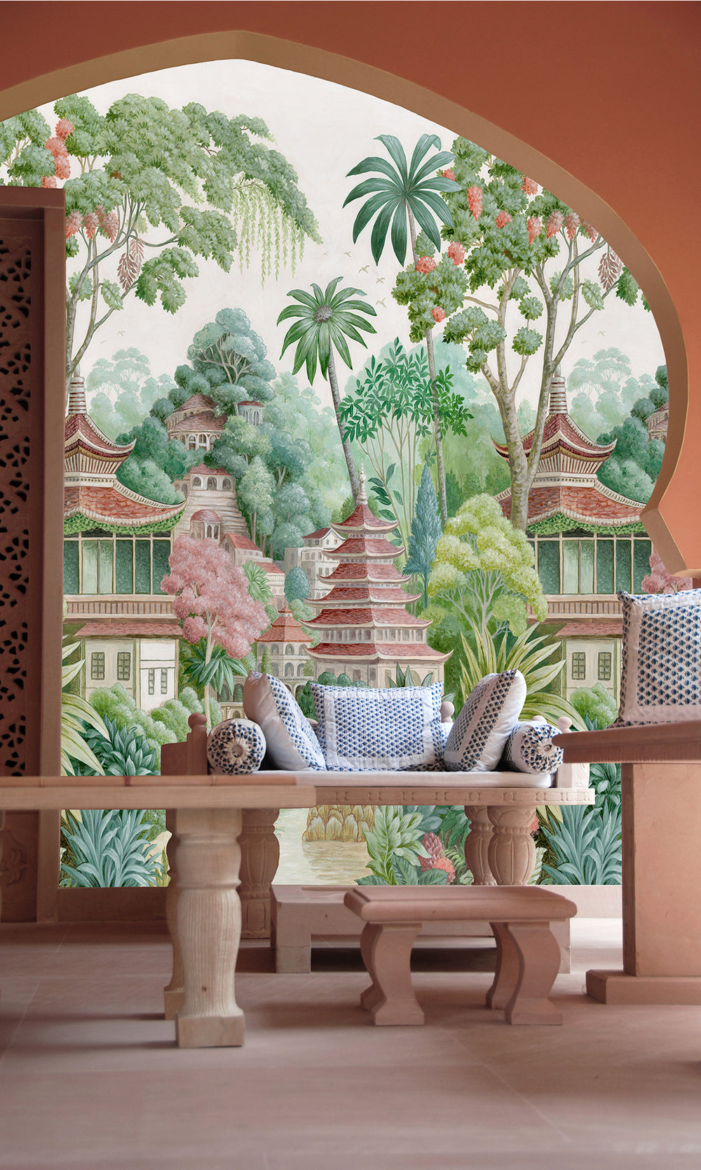 Multi Ornate Pagoda Landscape Wallpaper RM9045