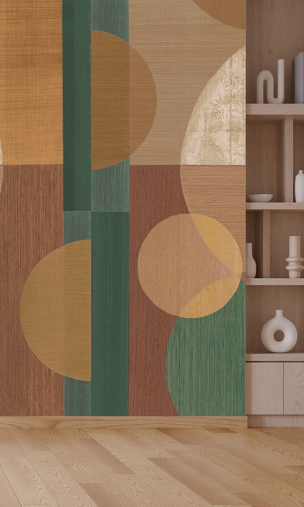 Pine Forest & Cinnamon Sand Geometric Faux Wood Collage Wallpaper RM9067