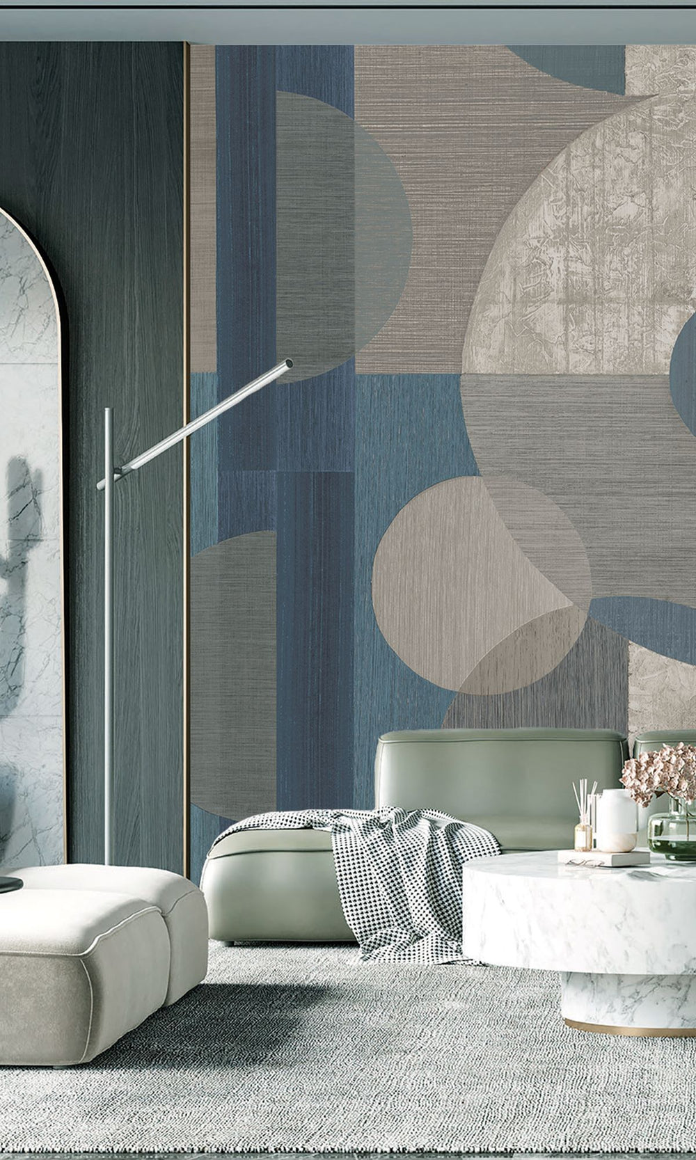 Orion Blue & Grey Porcelain Geometric Faux Wood Collage Wallpaper RM9069