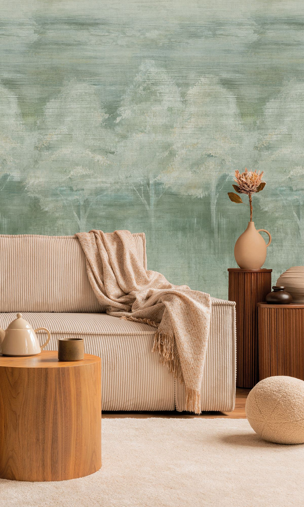 Iceberg Green & Bauhaus Tan Screen Printed Forest Edge Wallpaper RM9072