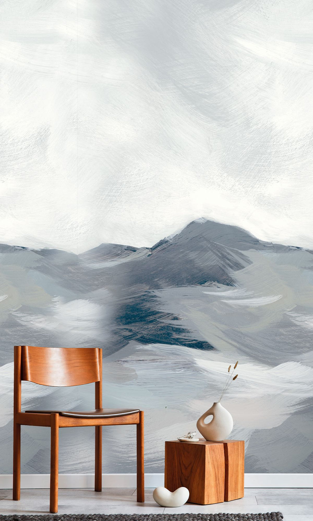 Sailor Blue & Spring White Mountain Landscape in Watercolor Wallpaper RM9073