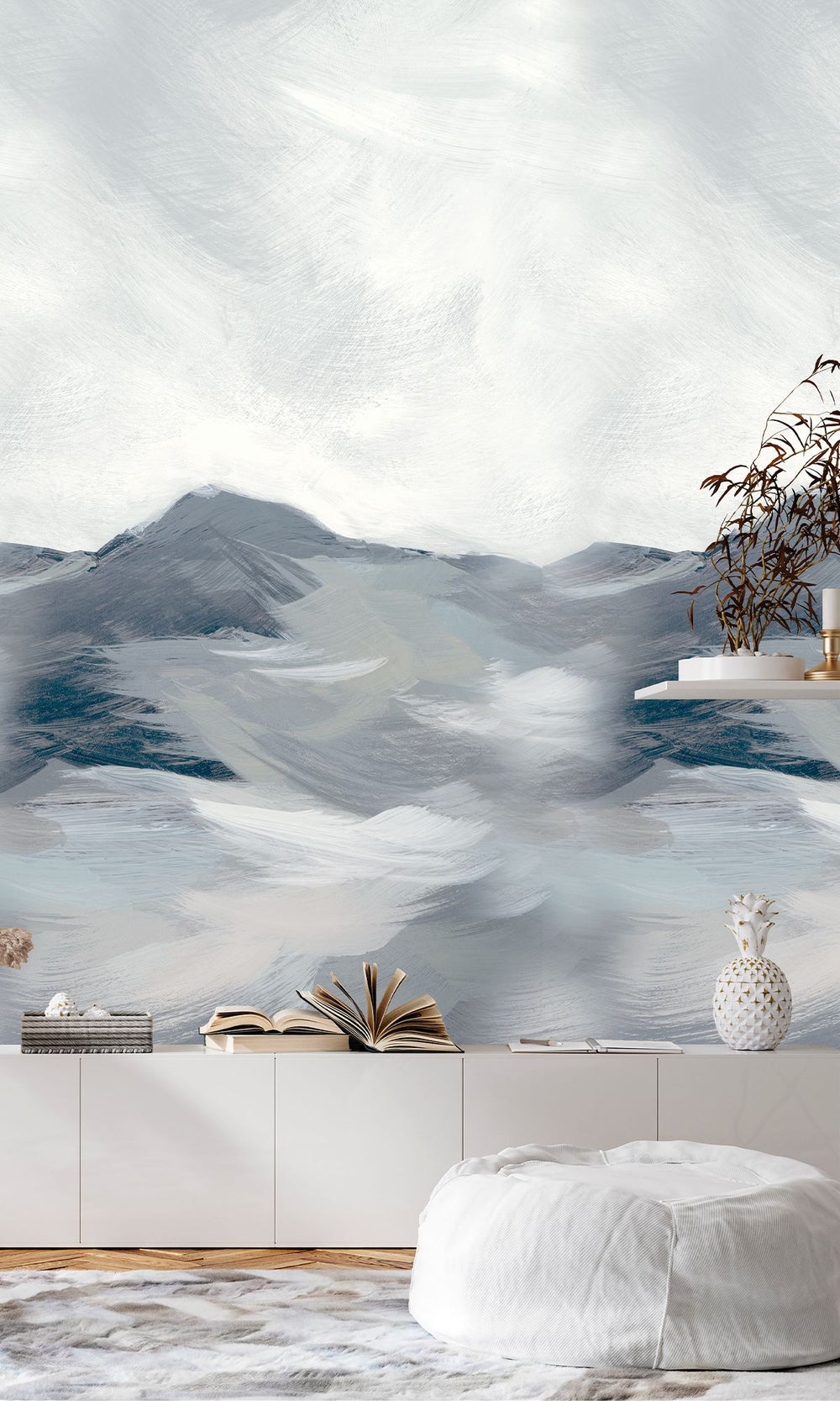 Sailor Blue & Spring White Mountain Landscape in Watercolor Wallpaper RM9073