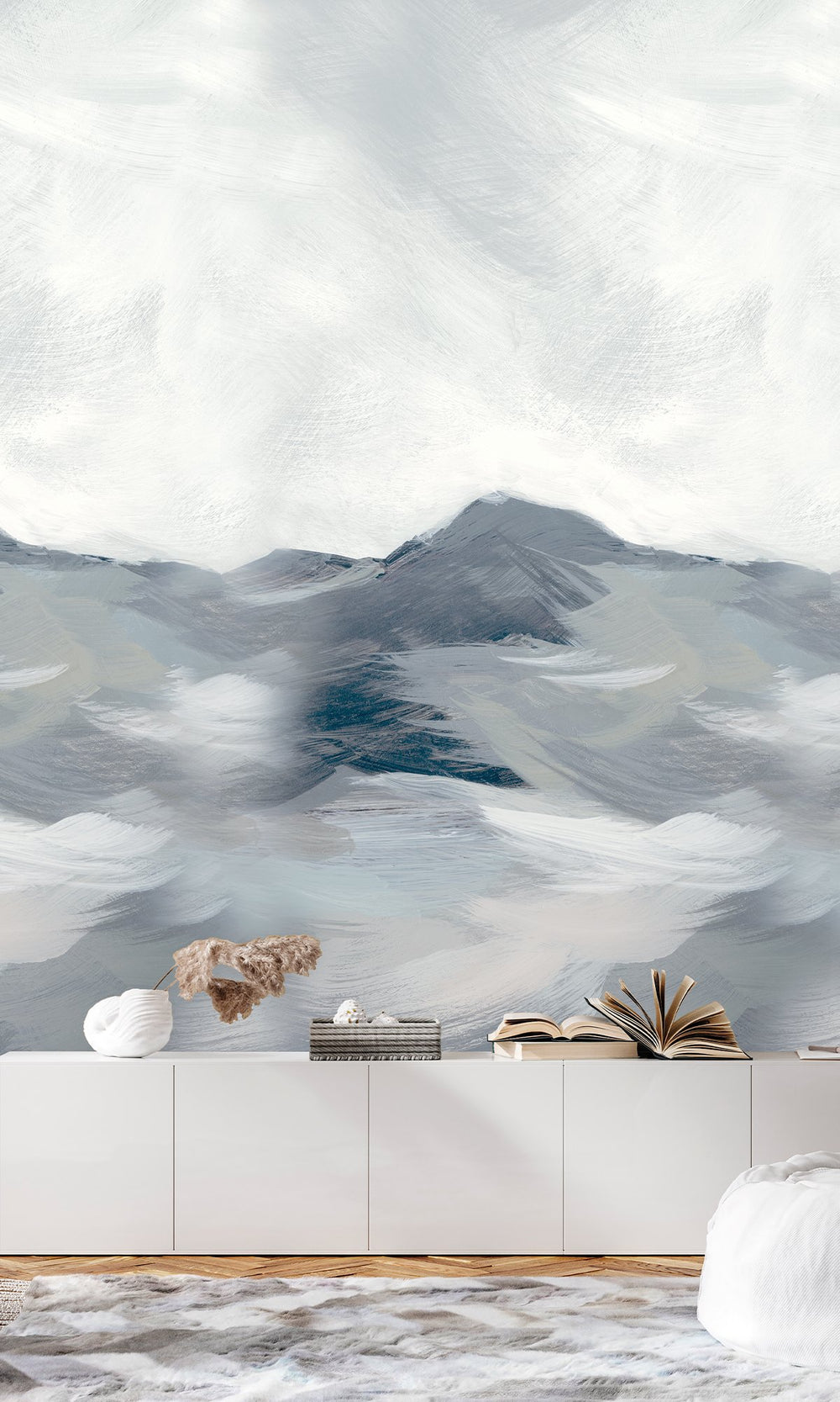 Sailor Blue & Spring White Mountain Landscape in Watercolor Wallpaper RM9073