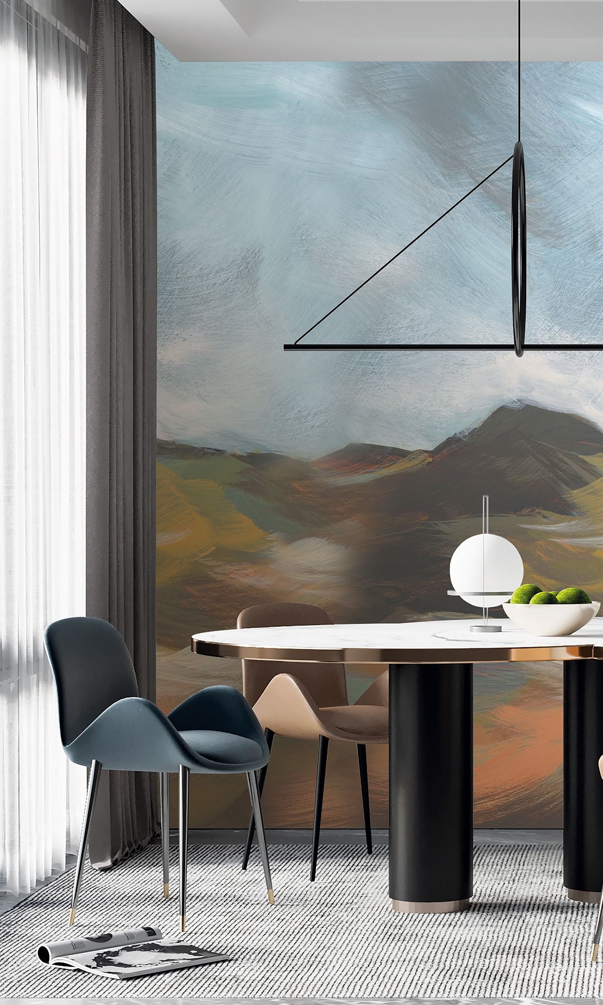 Muskmellon & Bright Umber Mountain Landscape in Watercolor Wallpaper RM9074